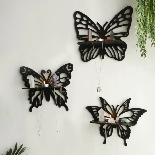 Wood Craft Black Butterfly Hollow Candlestick Wall Storage Shelf Home Study Bedroom Wall Pendant Decoration Housewarming Gift - Image 2