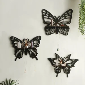 Wood Craft Black Butterfly Hollow Candlestick Wall Storage Shelf Home Study Bedroom Wall Pendant Decoration Housewarming Gift